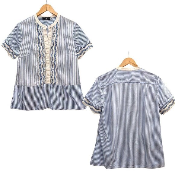 Authentic KARL LAGERFELD PARIS Blue Striped Cotton Blouse w/ Lace Sleeves Size S - Picture 1 of 5